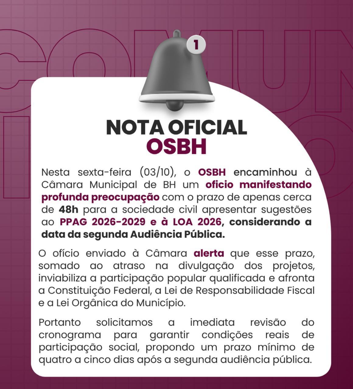 O Observatório Social de Belo Horizonte (OSBH) oficiou nesta sexta-feira (3/10/25) o vereador Leonardo Ângelo,
